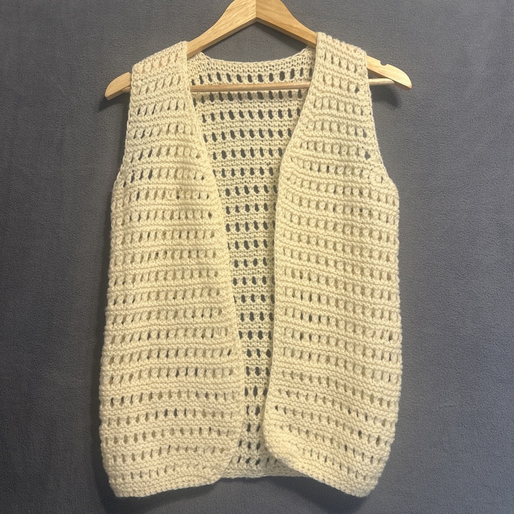 Vintage Handmade Open Knit Crochet Vest One Size Ivory Grannycore Cottagecore